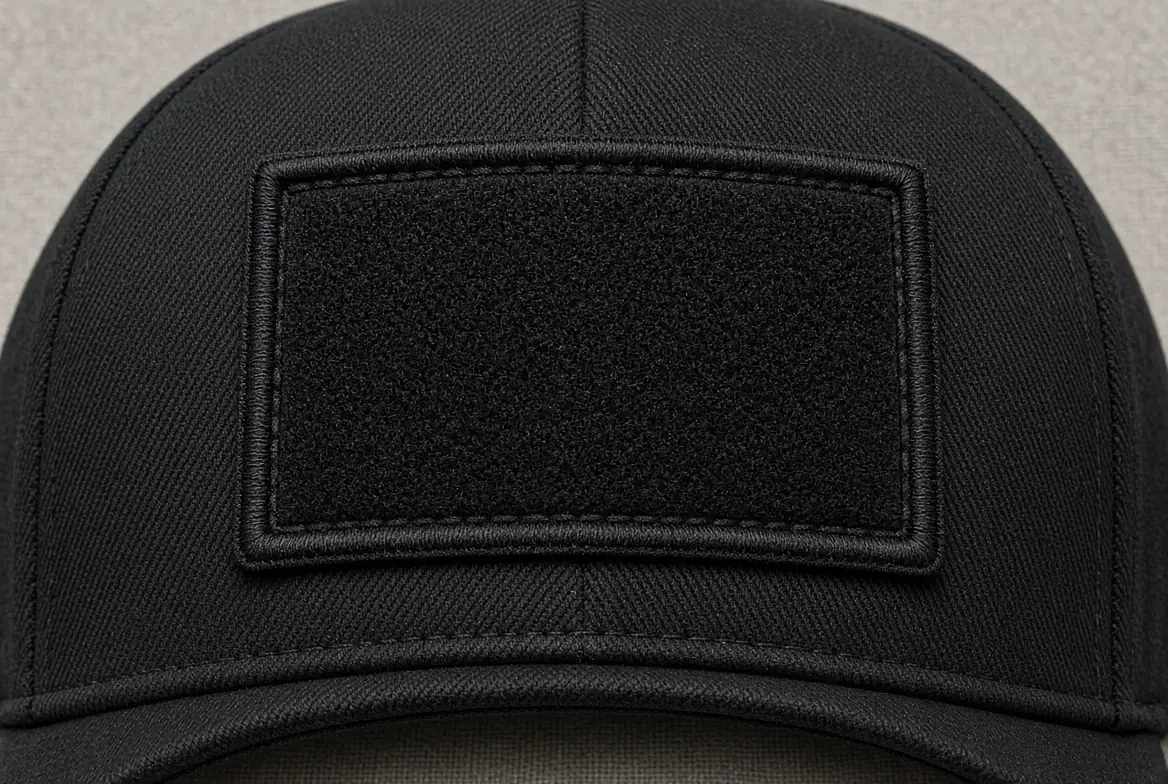 Empty 3 by 2 loop field inside the embroidered frame on the front of the hat
