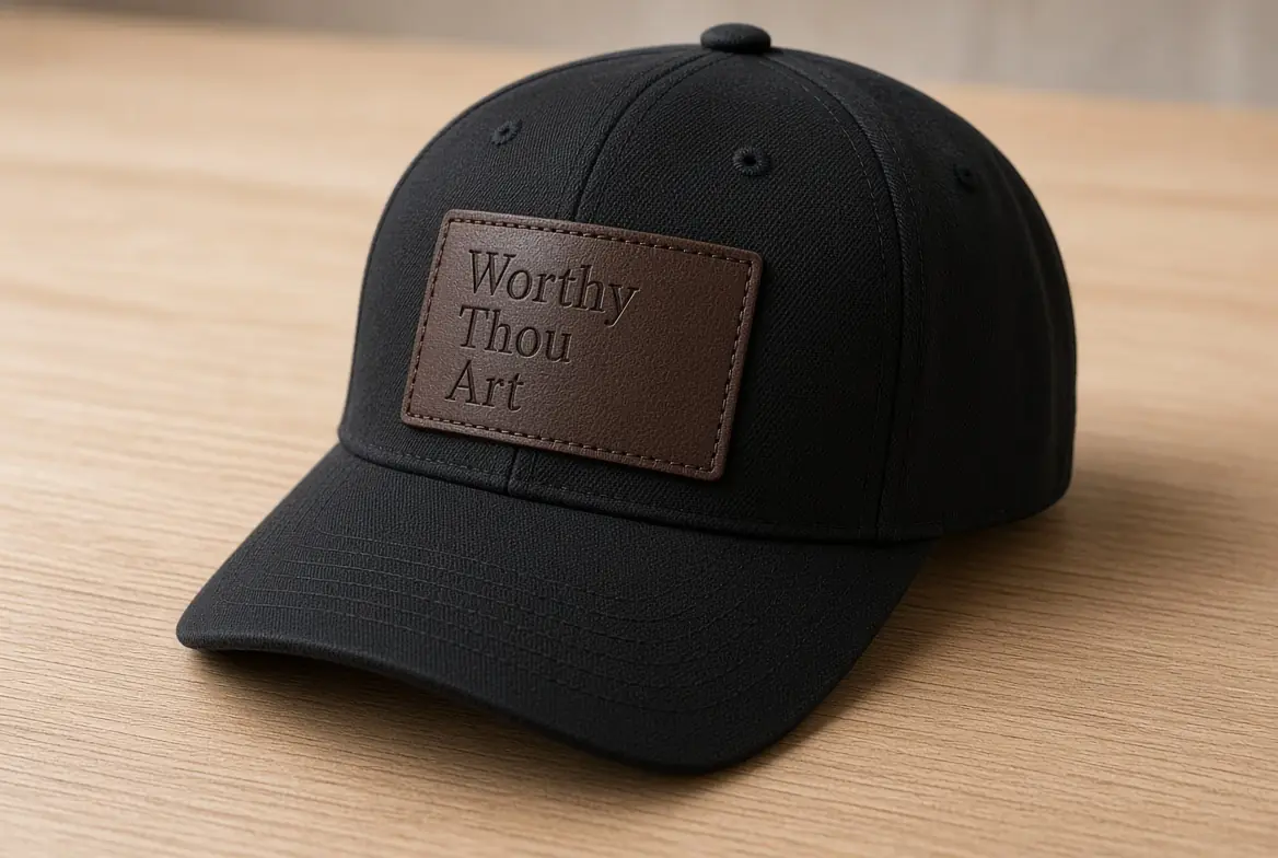 Black low-profile Worthy Hat with the leather Worthy Thou Art patch seated in the front frame