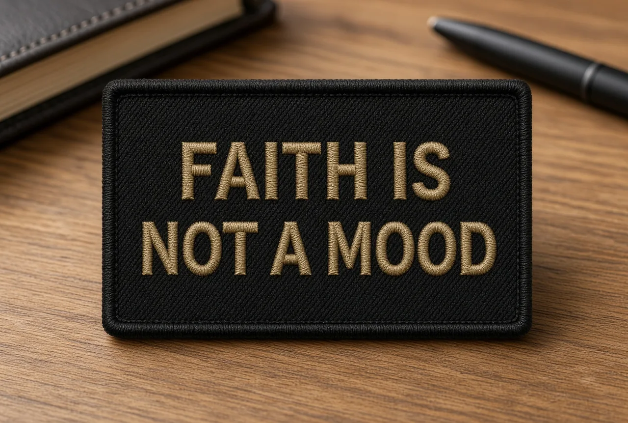 Black 3 by 2 embroidered patch stitched in gold thread, reading Faith Is Not a Mood