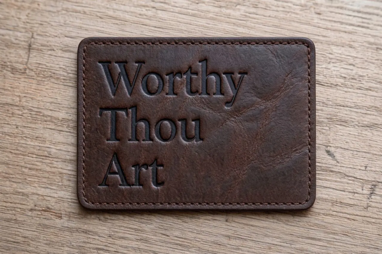 Dark brown 3 by 2 leather patch debossed with Worthy Thou Art and a stitched edge