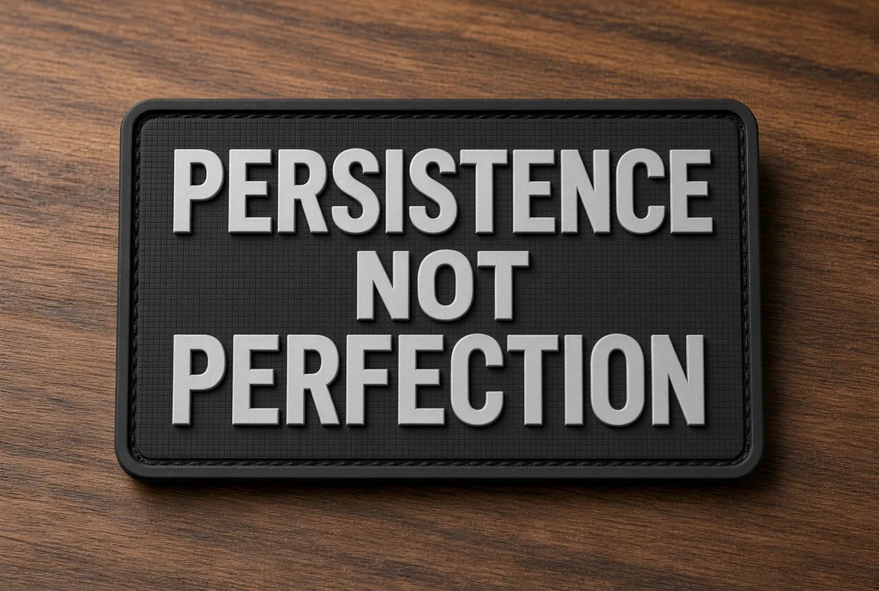 Black 3 by 2 rubber patch with raised silver letters, reading Persistence Not Perfection